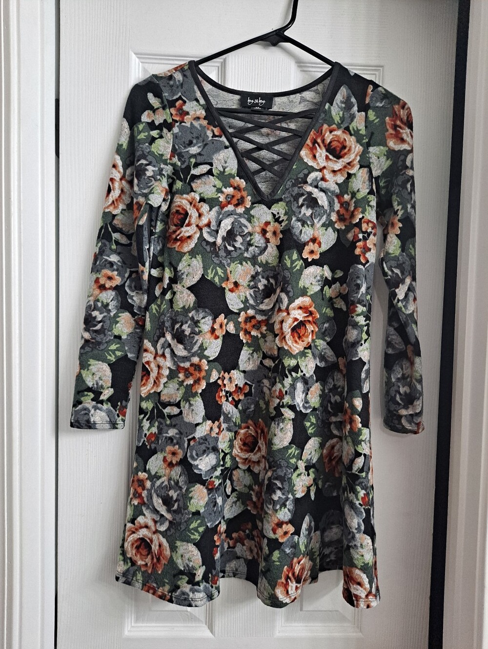 Floral Crisscross V-Neck Dress in Black with Rose Print